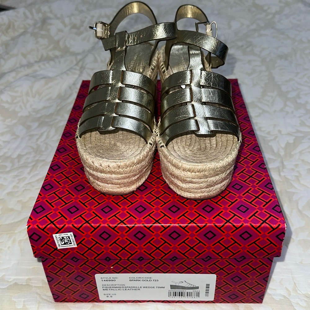 Tory Burch, spark gold 75MM espadrilles, wedge.